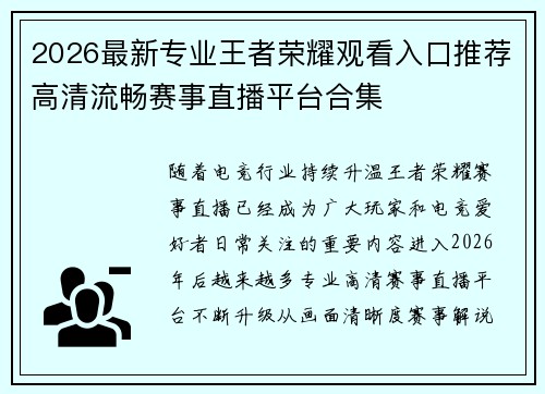 2026最新专业王者荣耀观看入口推荐高清流畅赛事直播平台合集