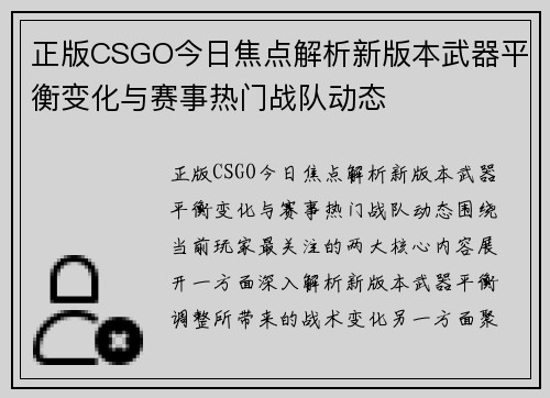 正版CSGO今日焦点解析新版本武器平衡变化与赛事热门战队动态
