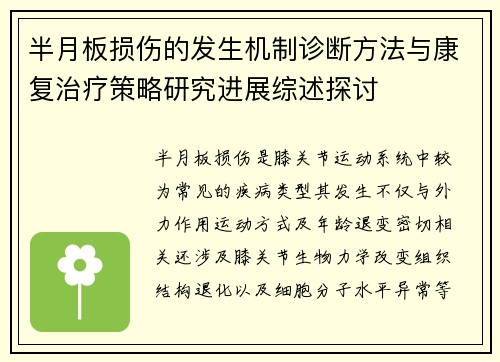 半月板损伤的发生机制诊断方法与康复治疗策略研究进展综述探讨 半月板损伤的发生机制诊断方法与康复治疗策略研究进展综述探讨